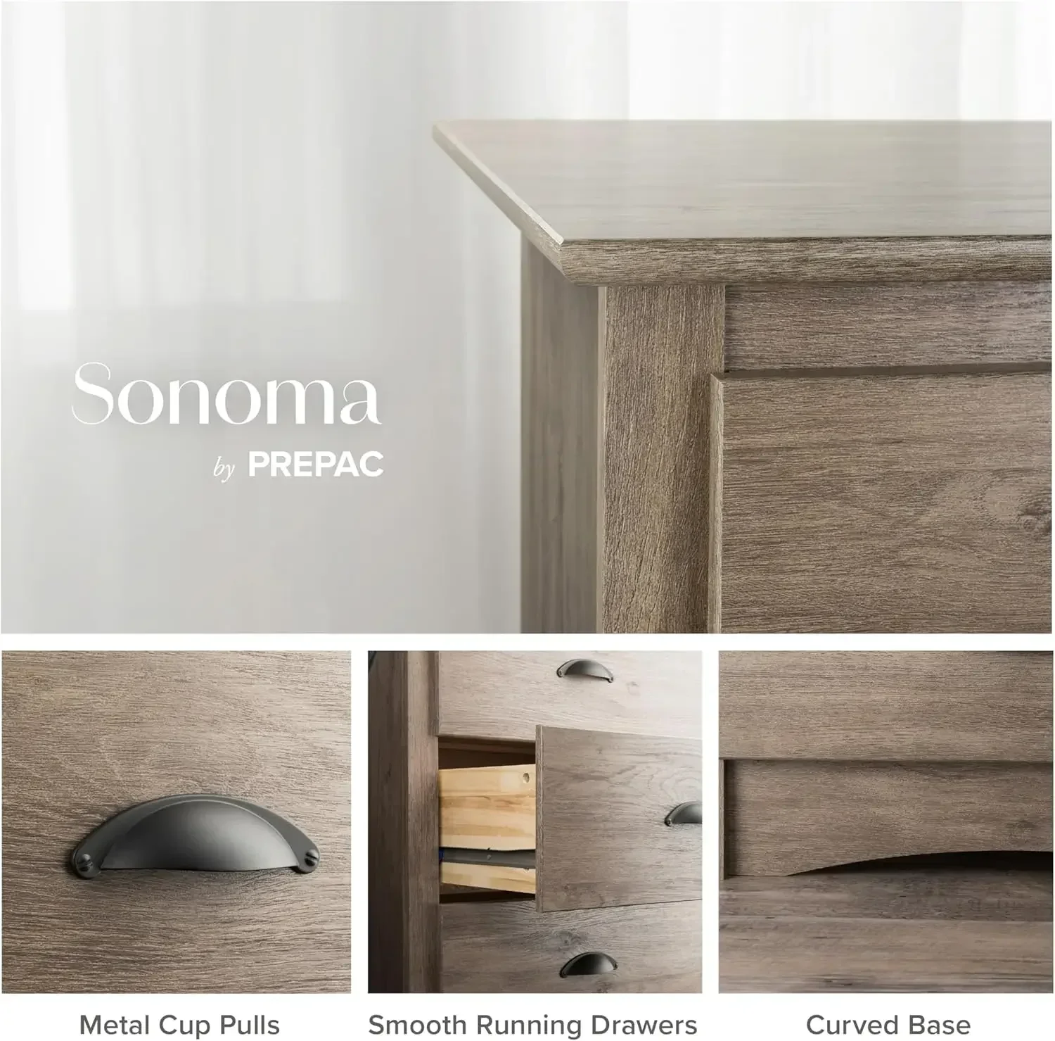 Meubles de chambre à coucher Salt Spring : commode double grise pour chambre à coucher, commode large à 6 tiroirs