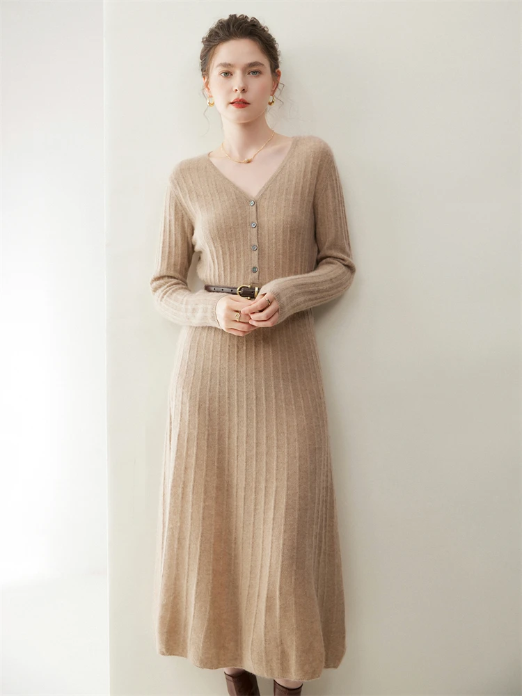 

Autumn Winter 100% Cashmere Pullover Dress Women Soild V-neck Fit Slimming Knit Versatile Long Sleeve Dress Elegant Soft Comfort