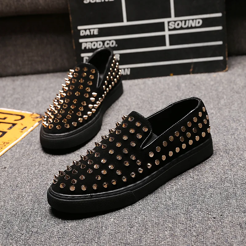 mens fashion rivets shoes slip-on studded shoe punk hip hop dress flats platform spikes loafers brand designer youth footwear