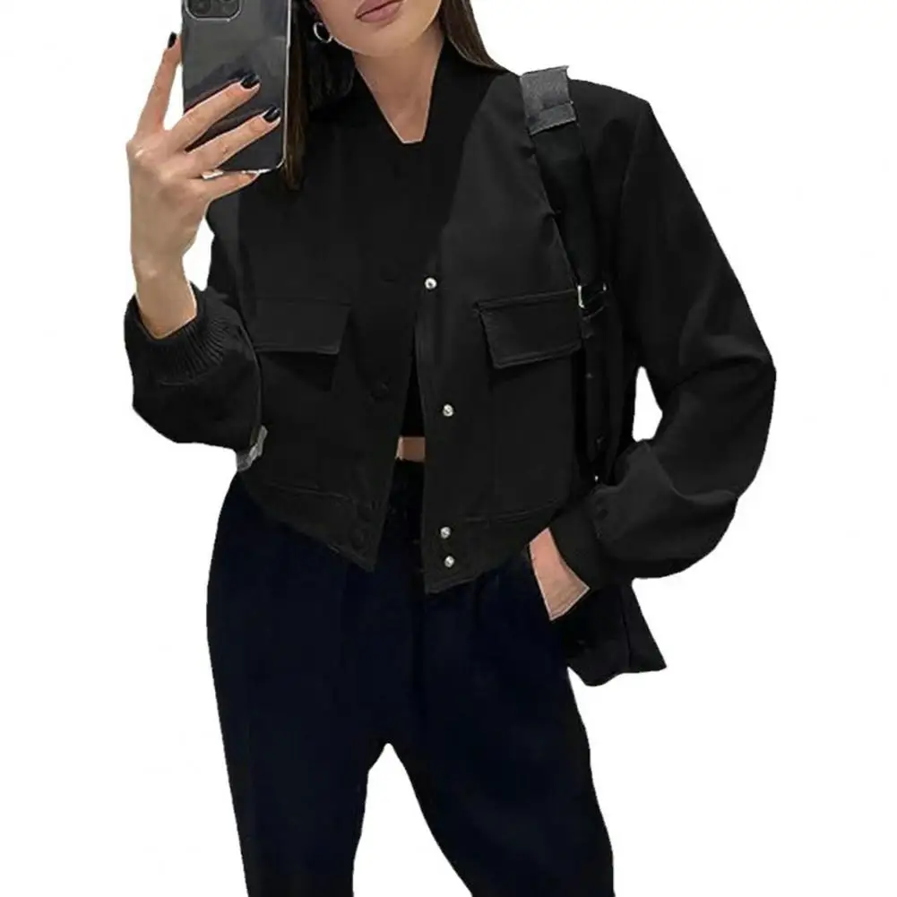 

Round Neck Jacket Women's Round Neck Solid Color Cardigan Jacket with Buttons Pockets Long Sleeve Loose Coat for Fall Spring