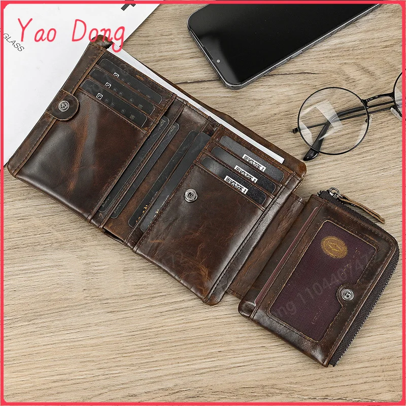 Yao Dong 3 Folds Genuine Leather Short Wallet Soft Cowhide Men's Business Card Wallets Zipper Purse Luxury Designer Men Women Wa