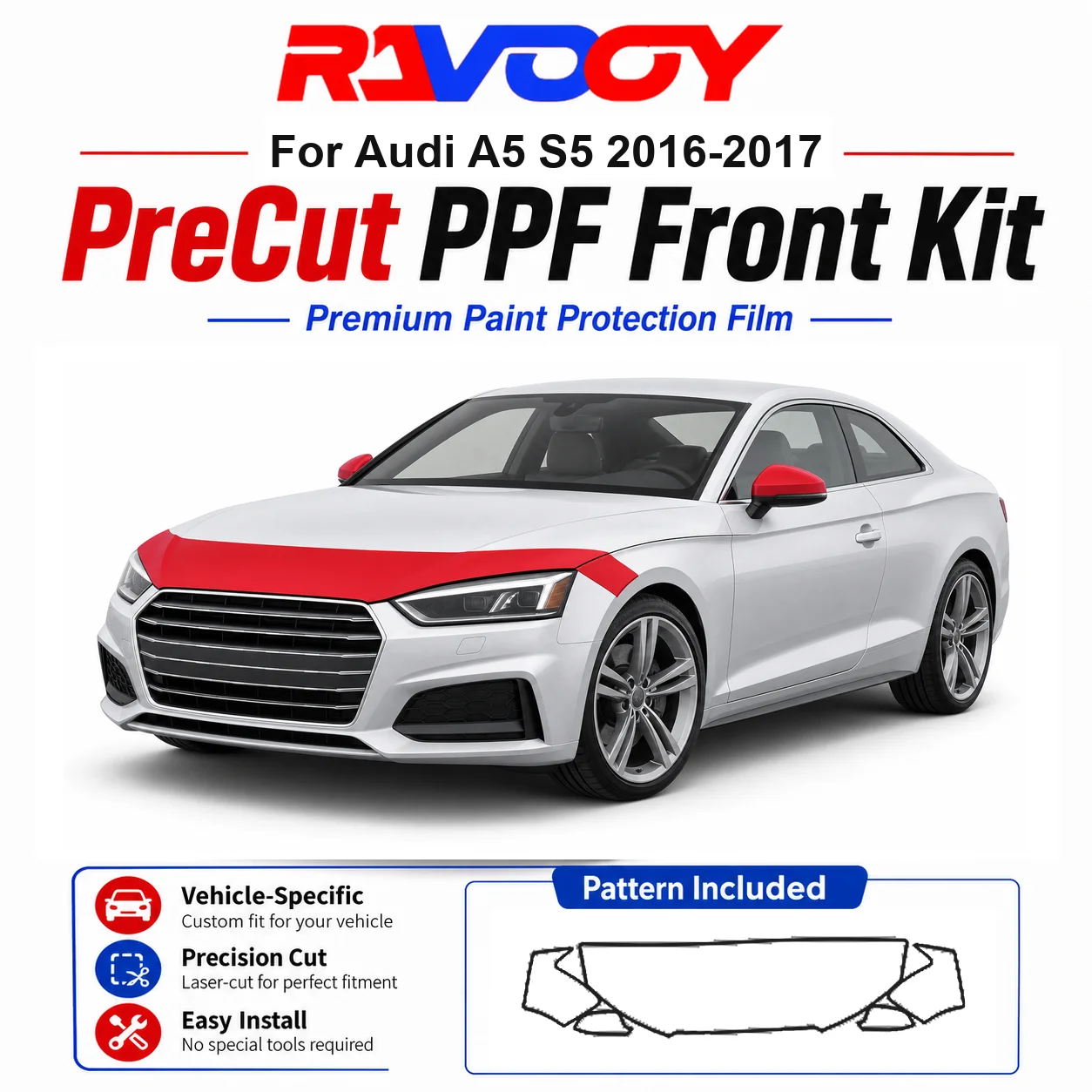 

8.5mil TPU Precut PPF Kit For Audi A5 S5 2016-2017 - Hood, Partial Fenders & Full Mirror Set - Self-Healing Gloss Clear Bra Film