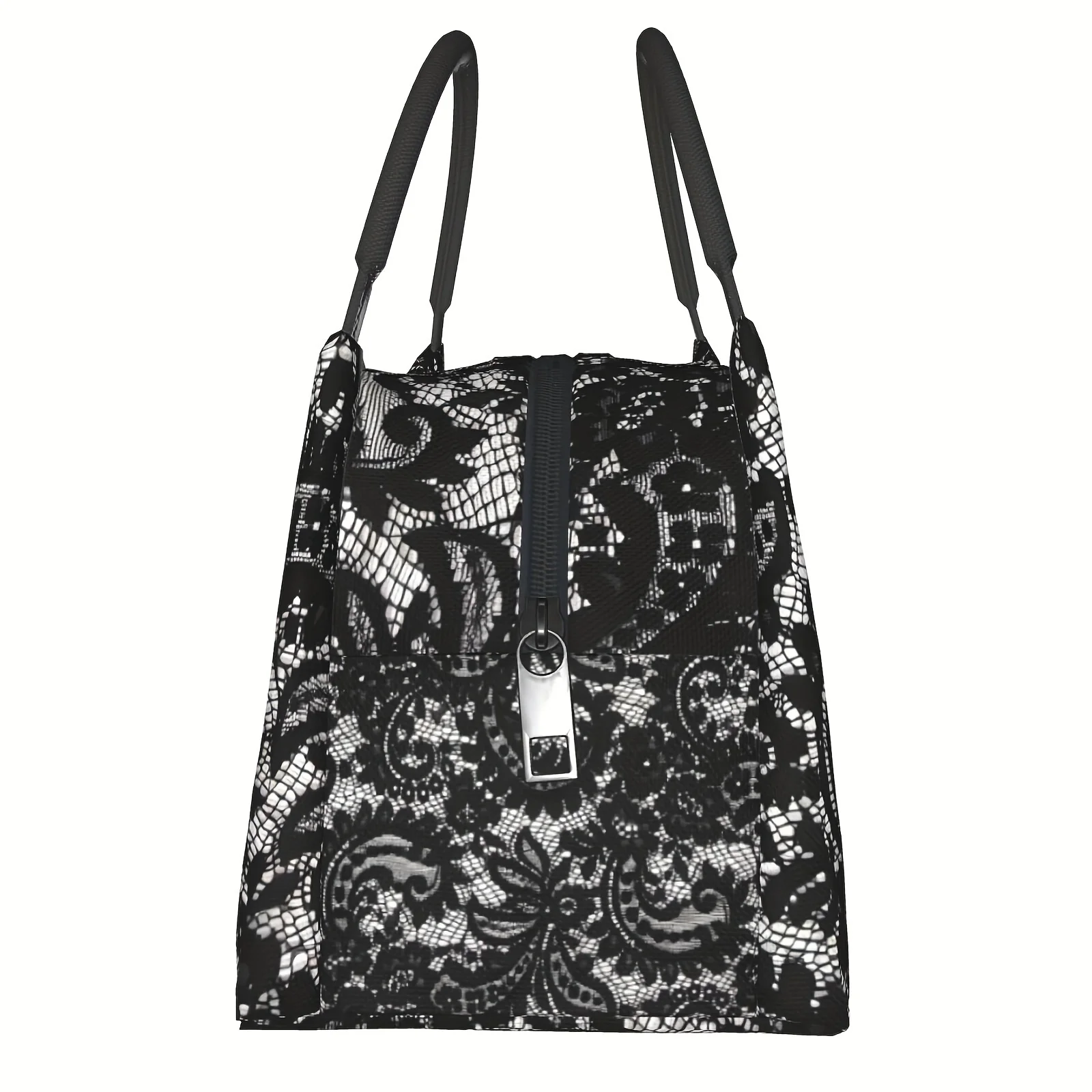 Black Lace Abstract Print Insulated Lunch Bag Reusable Portable Tote for Work Picnic School