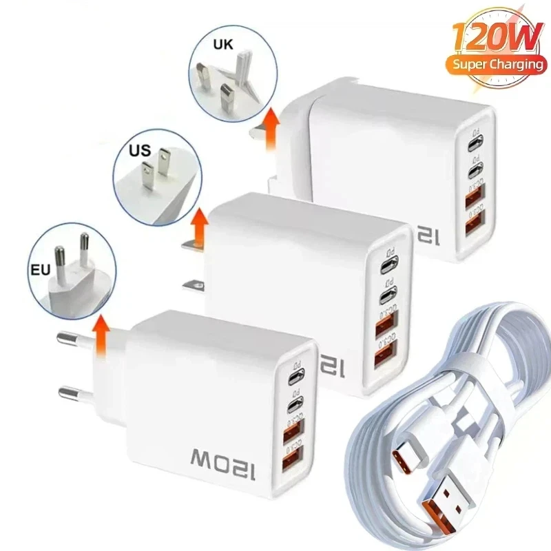 New 120W 4 Port USB C Charger PD3.0 Fast Charging Station Data Cable Wall Adapter For iPhone Samsung Huawei EU US Plug