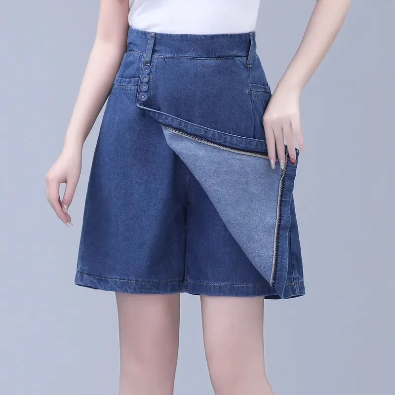 Women's High Waist Denim Shorts, Thin Skirt, Loose Look, Female Fashion, Wide Leg, Five Cents Pants, Summer, New, 2024