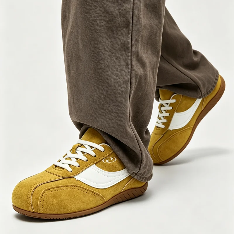 Vintage Yellow Suede Sneakers Classic Flat Sport Shoes Casual Leather Patchwork Walking Trainers for Men and Women