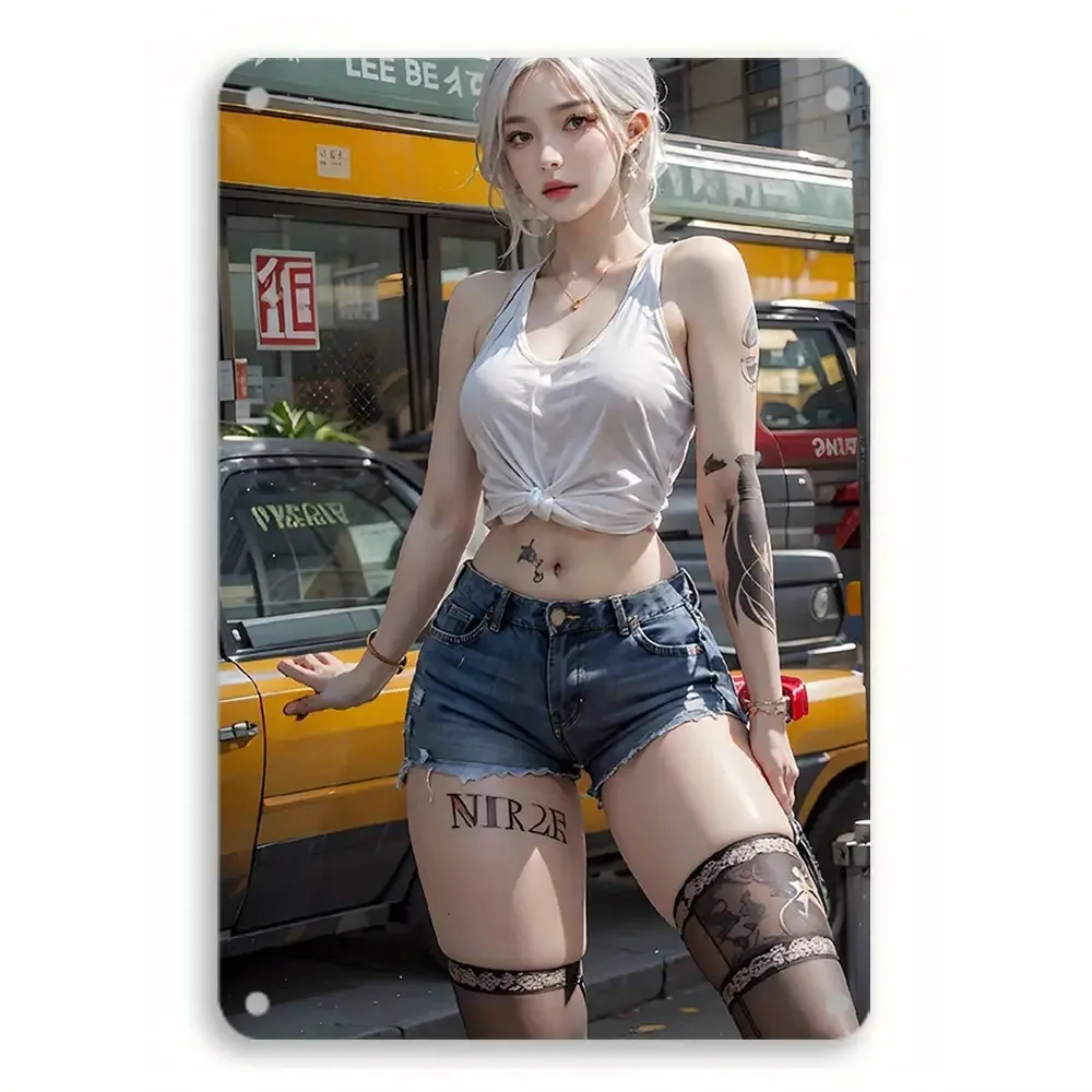 Vintage Metall-Blechschild - Retro Stadt-Café Wanddekoration mit Tattoo-Lady & Taxi-Design, Schwere Metall-Hängeplakette für Hausbar R