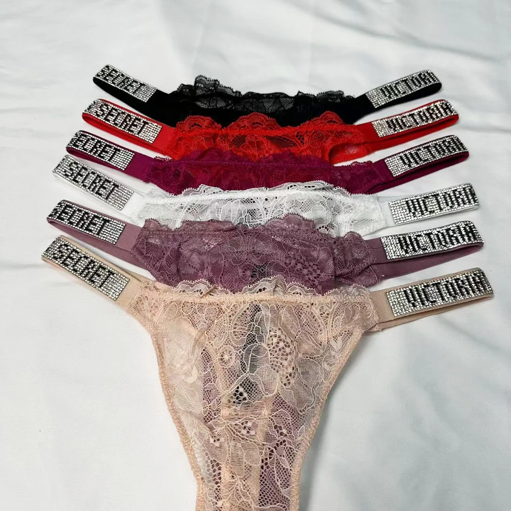 Classic Sheer Lace VS Women's Panties Patterned Fashionable No Show Antibacterial Soft with Rhinestones Women's Underwear Thong