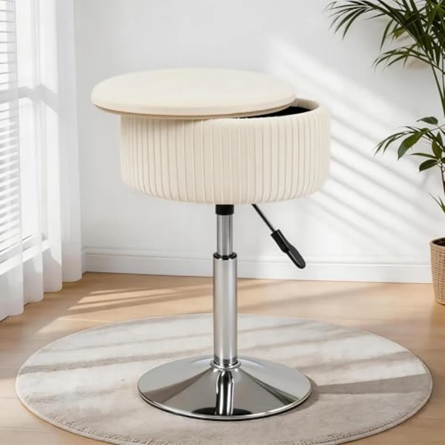 

Adjustable Vanity Stool with Storage, 360° Swivel Vanity Chair, Velvet Small Round Ottoman Footrest for Bathroom, Makeup Room
