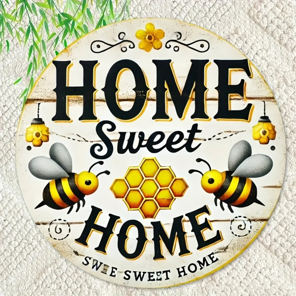 Vintage Home Sweet Home Metal Tin Sign Round Rustic Wall Art Bee Honeycomb Decor Indoor Outdoor