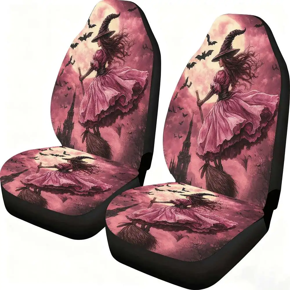 

2pcs Flying Witch Car Seat Covers Compatible For Women &, Themed Front Seat Protectors With Witches On Broomsticks Design, Fit F