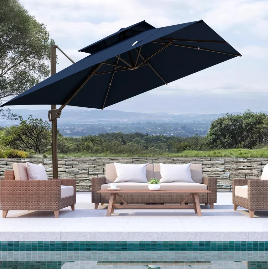 

Dark Blue Aluminum Frame Square Parasol Crank Lift Sunshade Waterproof Rotational Tilt Outdoor Patio Roman Umbrella