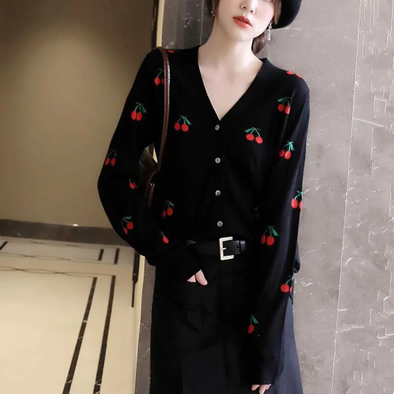 2024 Spring Sweet cherry Priented Women Cardigans Elegant Long Sleeve V Neck Women Tops