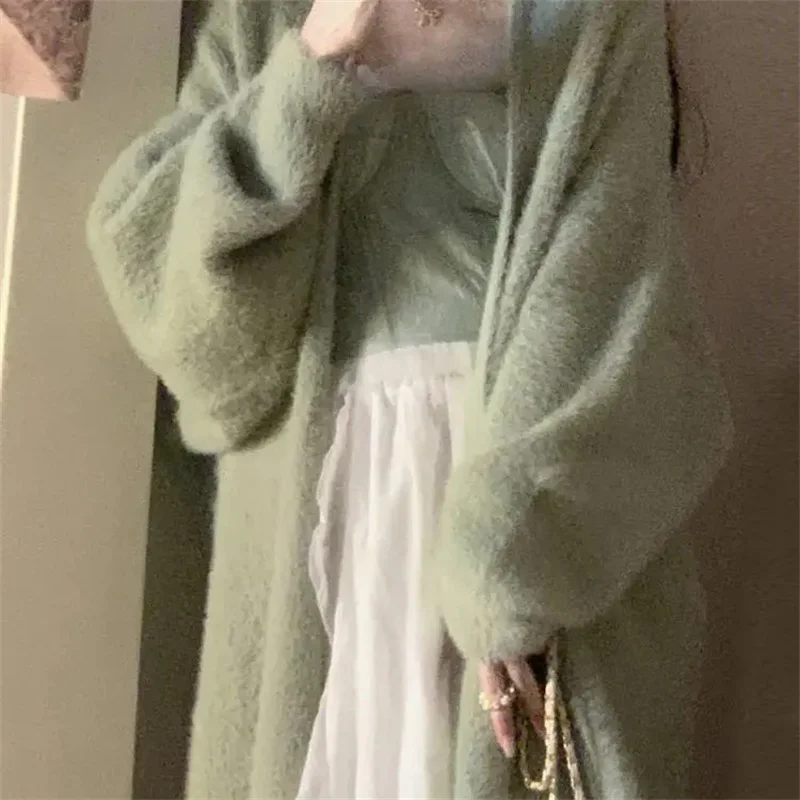 Imitation Mink Fur Sweater Jacket Women, Loose And Lazy Style, Medium Long White Knitted Cardigan, Hooded Bathrobe, Winter Coat