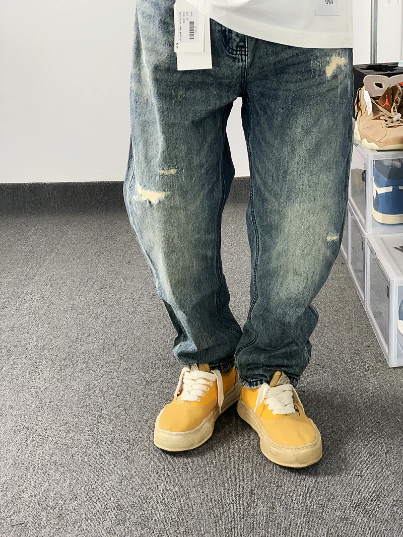 Worn Patch Washed Distressed Straight Ankle-Tied Jeans Hip Hop Skateboarding Pants Style Wear