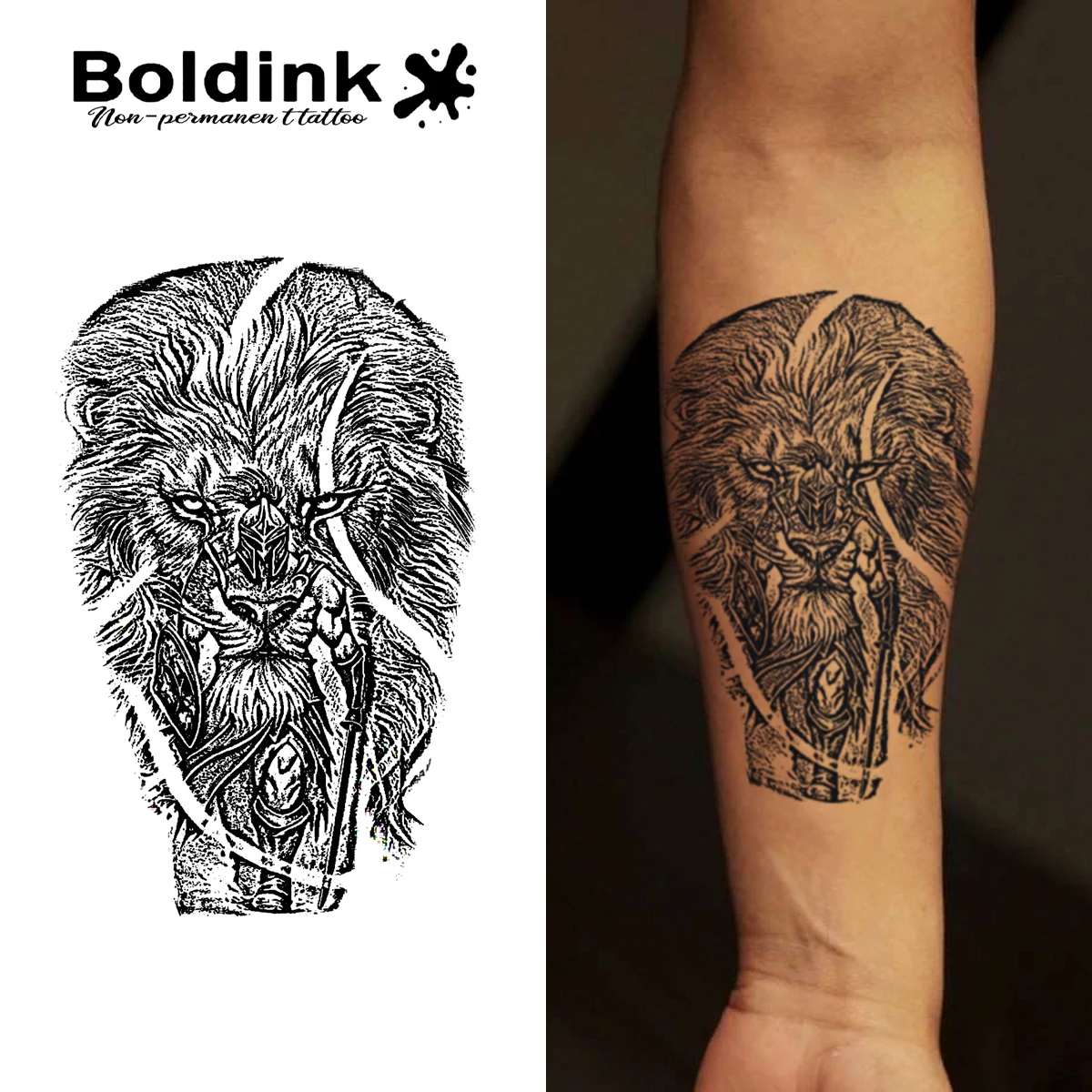 BOLDINK Lion Warrior Fusion Tattoo Sticker Realistic 3D Lion Mane Design Waterproof Long-Lasting Color Retention Body Art Decal