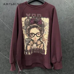 Autumn New Heavy Industry Printing Little Girl Crew Neck Sweatshirts Women's Loose Fashion Design Sense Long Sleeves Top Hoodies