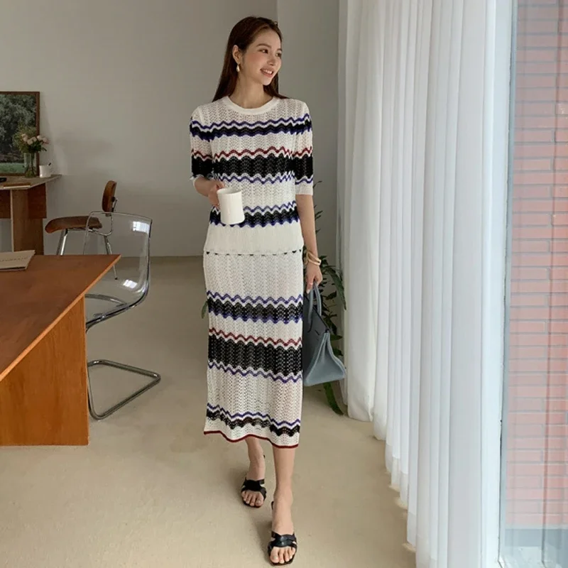 Chic Striped Dress Sets for Woman Knitting Tops + Skirts Dark Blue Summer Korean Style Elegant Business Knit 2 Piece Sets Woman