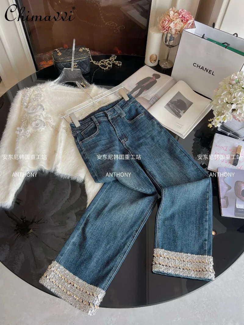Vintage Style Elegant Cigarette Jeans Women's Fashion Autumn New Fashion High Waist Slim Heavy Rhinestone Straight Pants