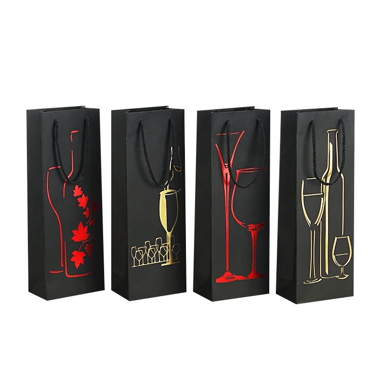 10pcs Black Cardboard Red Wine Bags Handheld Gift Box for Red Wine and Champagne Packaging Grape Leaf Pattern Thicken Handbag