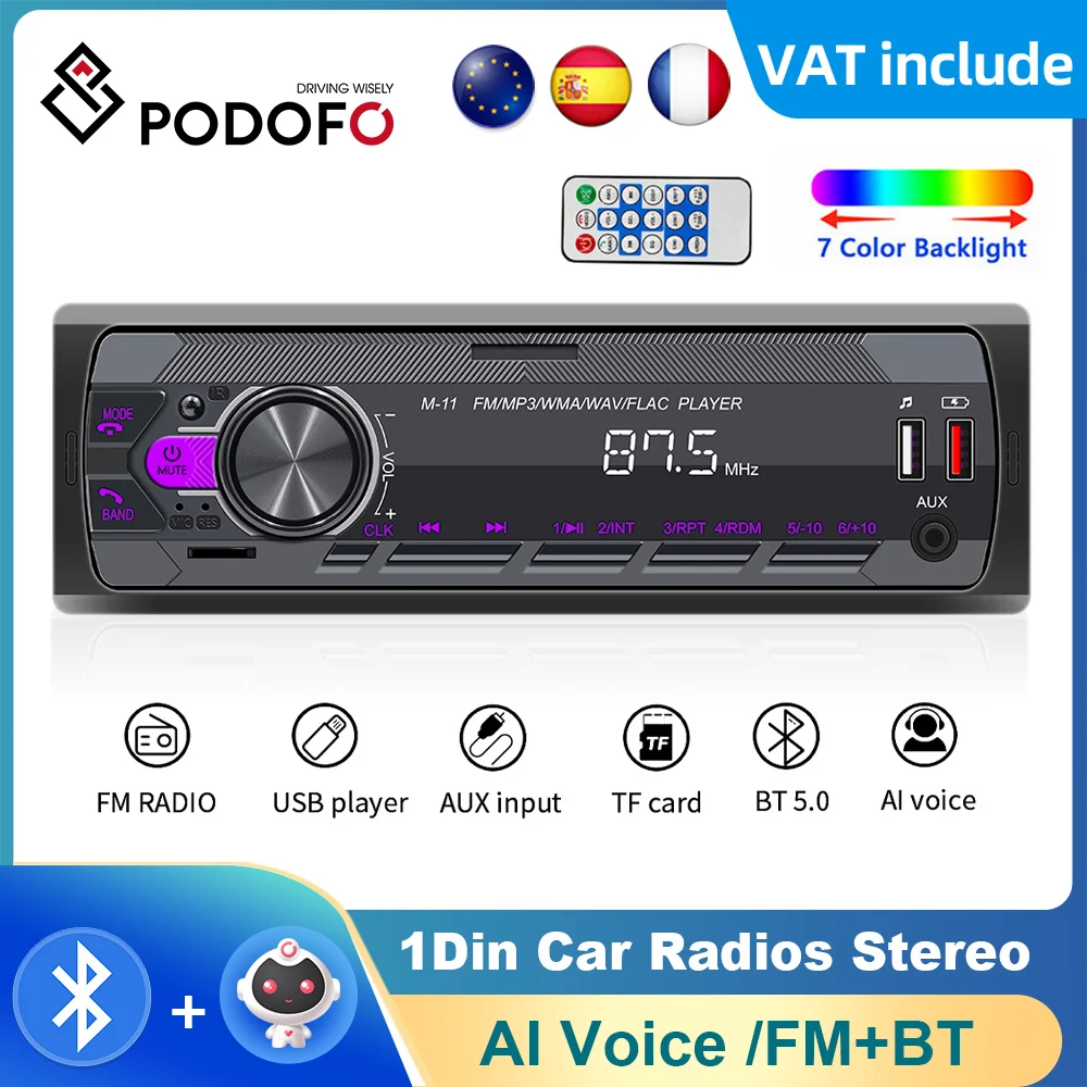 Podofo 1DIN In-Dash Car Radios Stereo Digital Bluetooth Audio Music Stereo 12V Car Radio MP3 Player USB/SD/AUX-IN