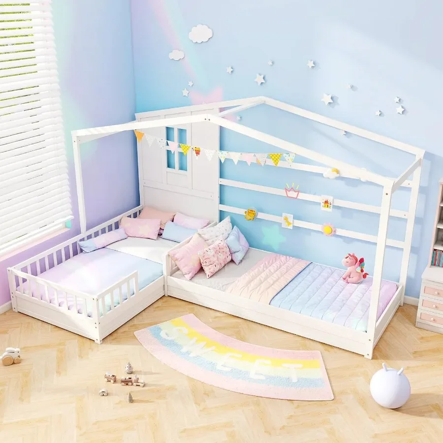 ' L-shaped Wooden Platform Bed with Window and Fences, Natural Wood Color, Montessori Corner Design for Boys and Girls, No Box