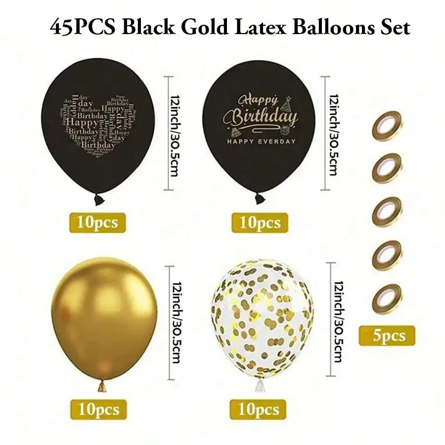 45pcs 12inch Black Metallic Gold Thicken Latex Balloons Set for 18 30 40 50 60 70 Men Women Happy Birthday Party Decorations