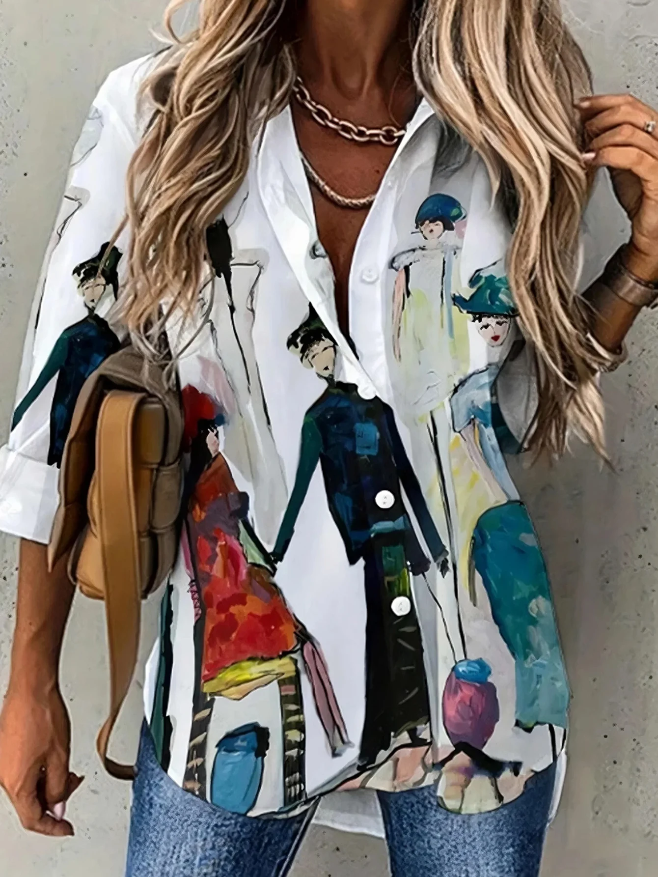 Women Artistic Figure Print Long Sleeve Button Down Shirt Lapel Collar Casual Loose Blouse Top Standard Size