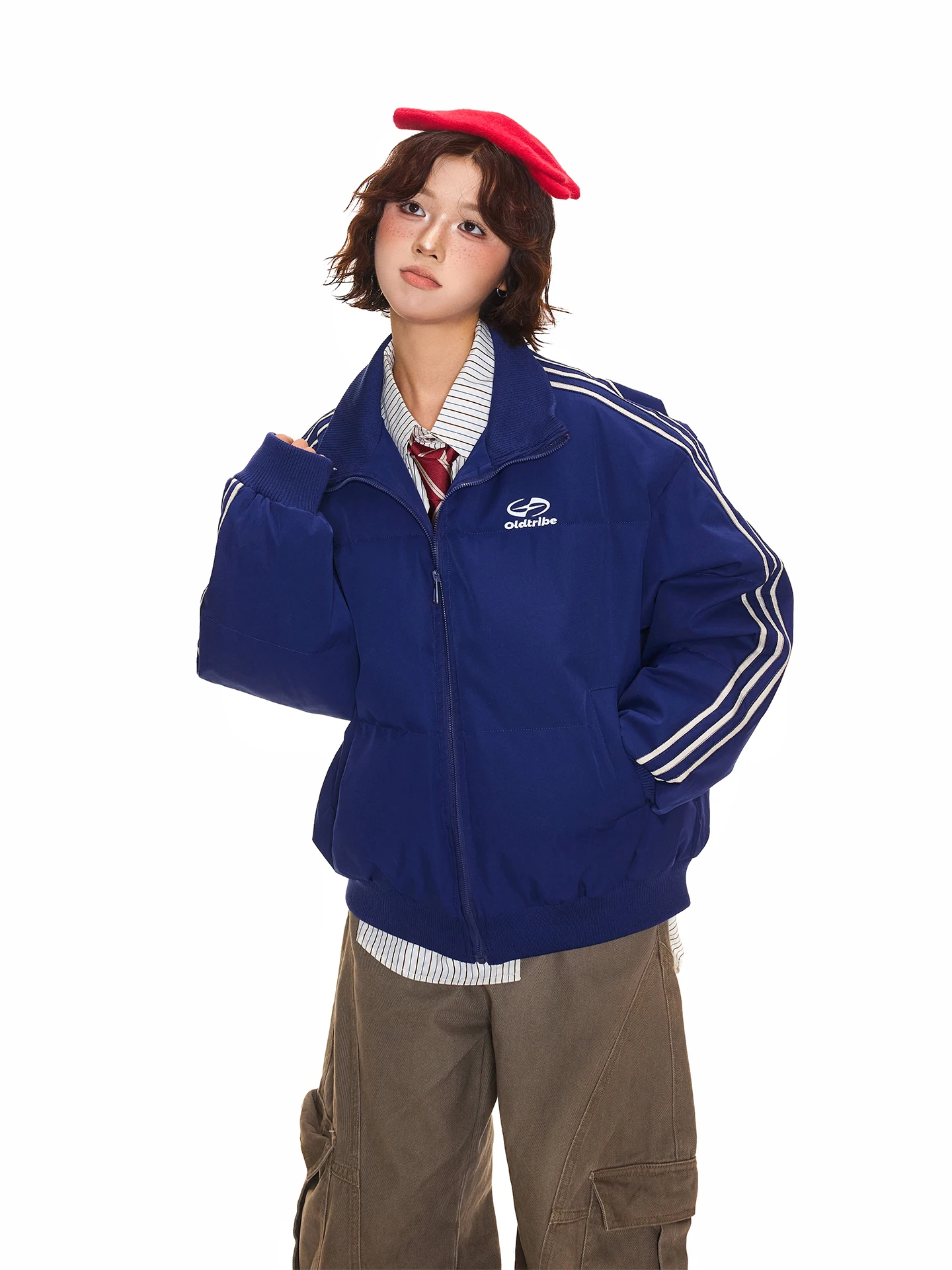 

Chen Zhanlao Store Winter Thiened Warm American Sport Side Stripe Stand Collar Cotton Jaet Couple's Baseball Coat