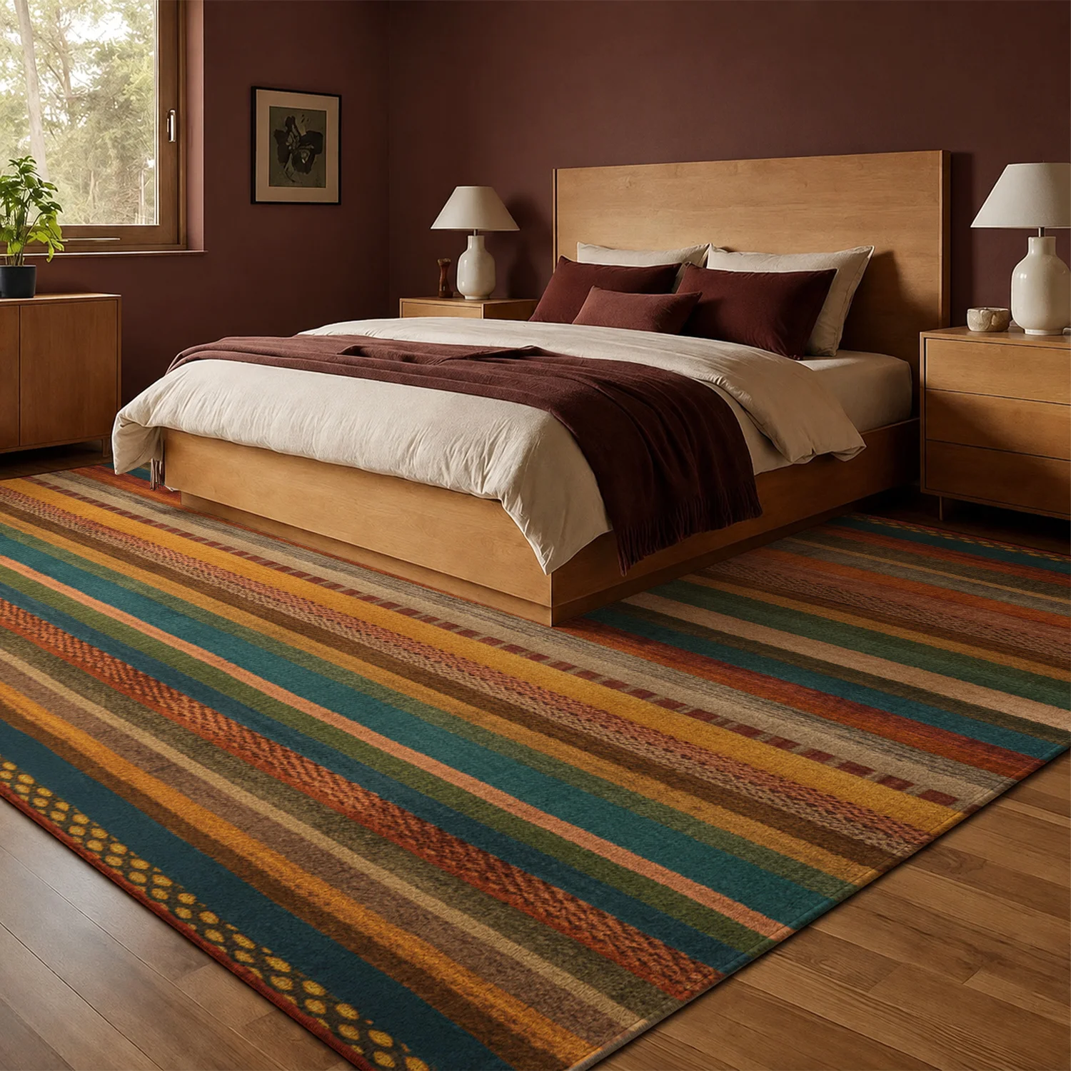 Large Indoor Area Rug, Soft Velvet Low Pile Non-slip Machine Washable Striped Area Rug for Living Room Bedroom, Warm Multi-color Rustic Style Indoor Floor Rug for Home Decor
