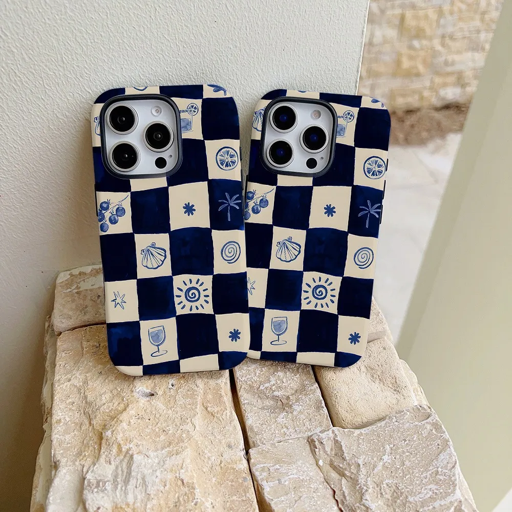 Blue White Checkerboard Phone Case for Samsung Galaxy S22 S23 S24 S25 S26 FE Plus Ultra Edge 4G 5G Luxury Double-layer