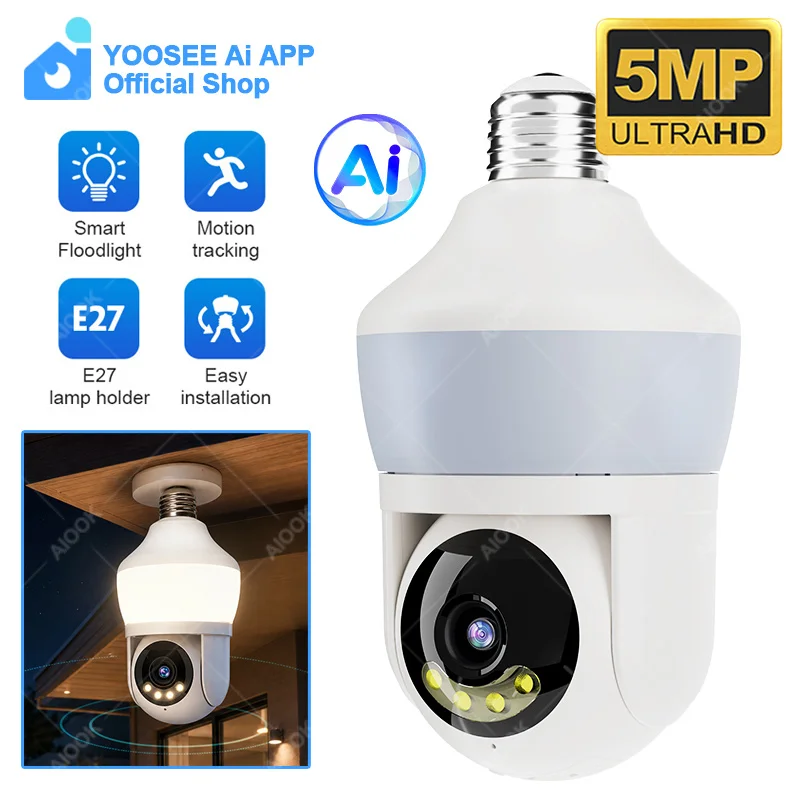 

YOOSEE Ai APP Home E27 Light Camera HD 5MP PTZ Ai Vehicle Detection Two-way Intercom Night Vision WIFI Camera Mobile Tracking