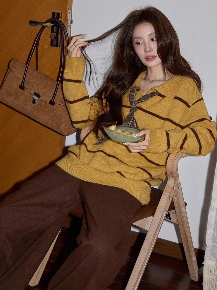 

Желтый полосатый вязаный свитер, женский винтажный свободный пуловер с длинными рукавами и ленивым ветром, женские мешковатые повседневные осенне-зимние джемперы