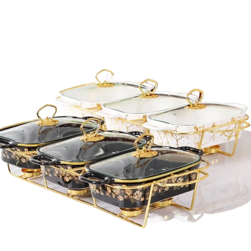 Ceramic rectangular marble baking pan 3-piece baking pan set with heated dry pan for family dining room