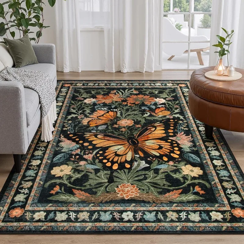 Alfombra antideslizante con diseño de mariposa y Animal del bosque, arte Vintage, verde, negro y naranja, para sala de estar, chimenea, decoración del hogar, duradera