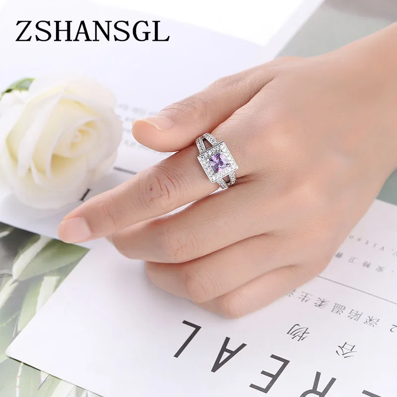 Anello da dito in argento Sterling per signora pavimentato viola CZ luxury hot Princess women Wedding anello di fidanzamento gioielli di colore viola