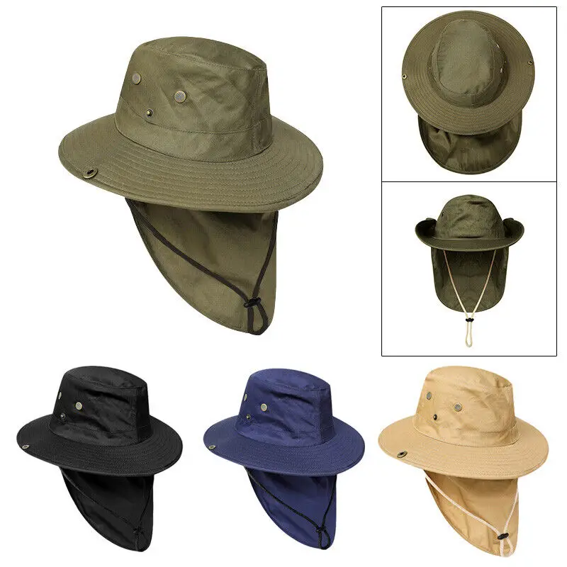 New Adjustable Outdoor Sun Hats UPF 50+ Wide Brim Bucket Hats with Neck Rope Flap Fishing Hiking Men Summer UV Protection Caps