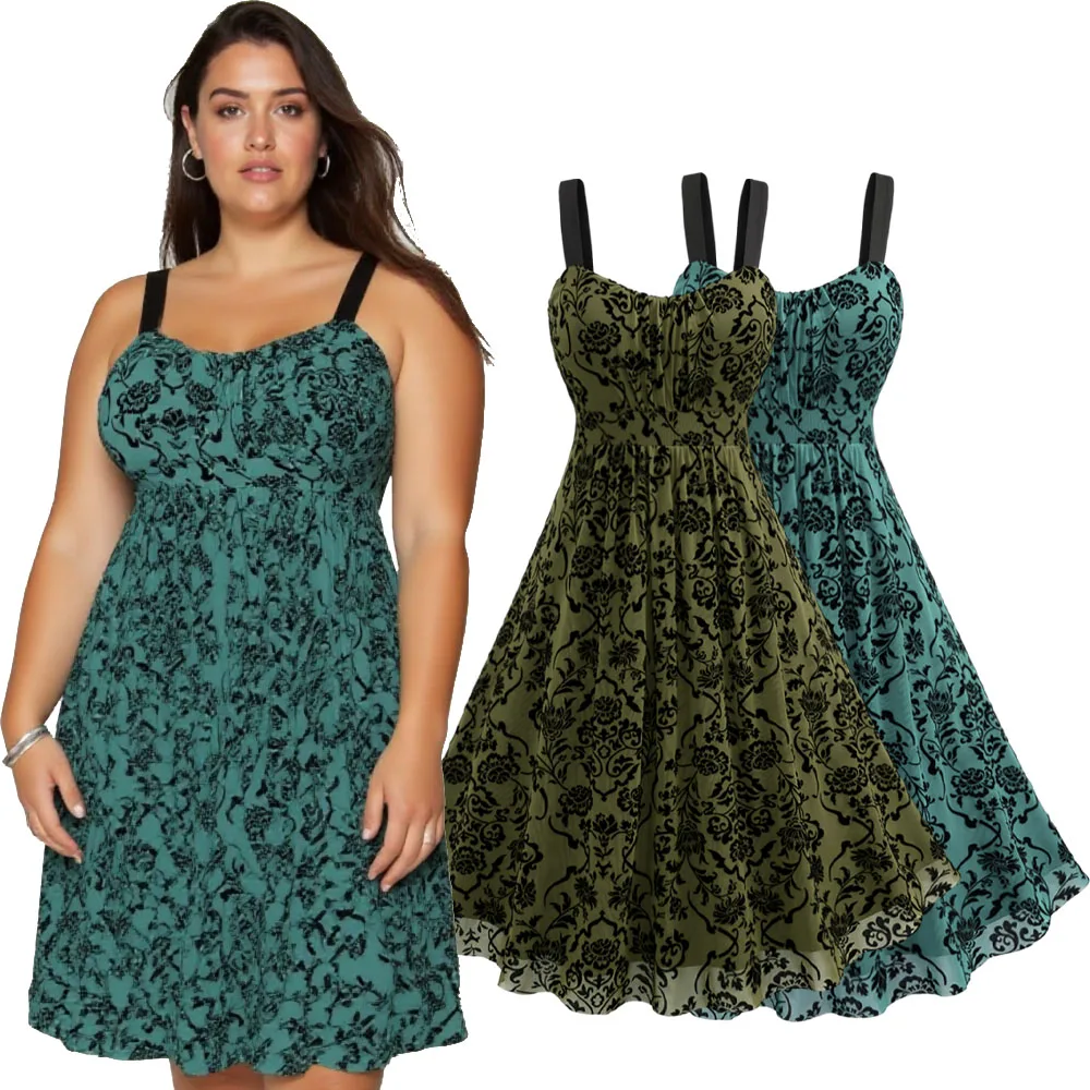 Sukienki codzienne dla kobiet plus size, vintage, bez rękawów, z kwiatowymi warstwami, marszczone, z siateczki, w kształcie litery A.