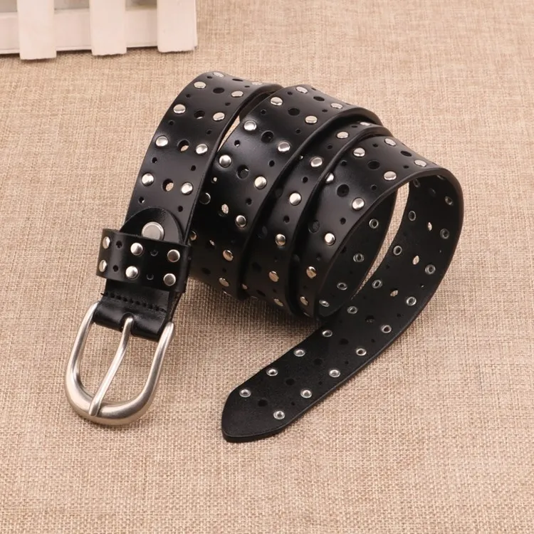 Genuine Leather Vintage Waist Belt Infinite-Hole Pin-Buckle Punk Rivet/Studded for Unisex Jeans Pants