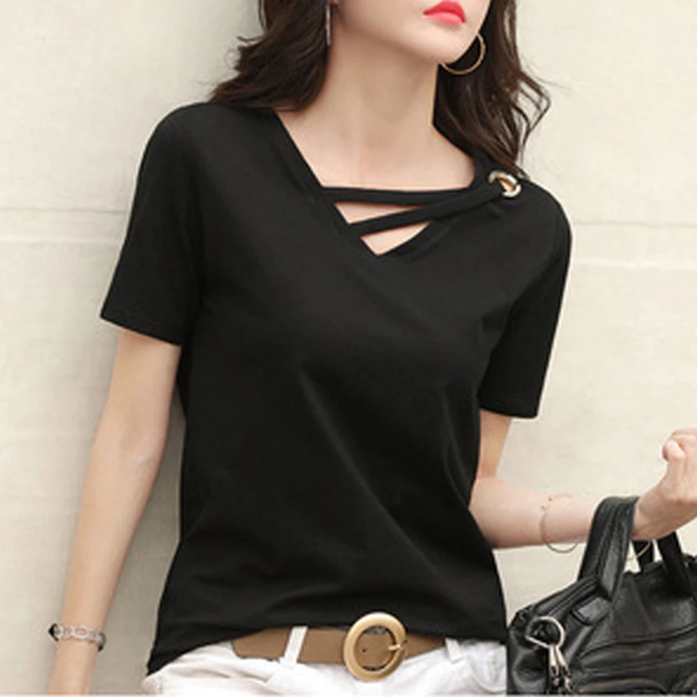 

Стильный повседневный топ для отпуска: женская блузка с коротким рукавом, V-образным вырезом, свободного кроя, из полиэстера