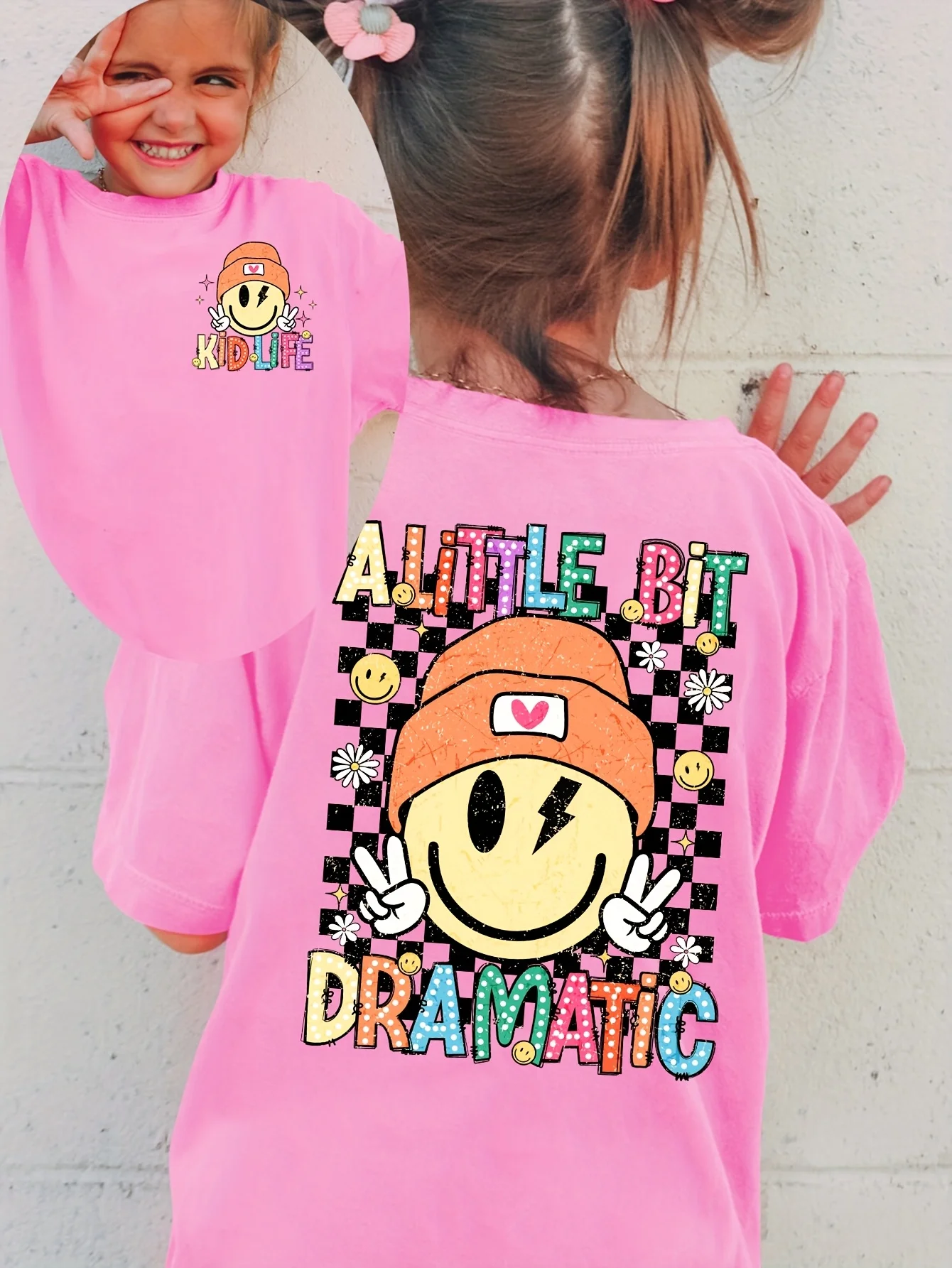 Summer Fashion Children's Short Sleeved T-shirt Checkerboard Element A LITTLE BIT DRAMATIC Letter Casual Parent-child Top