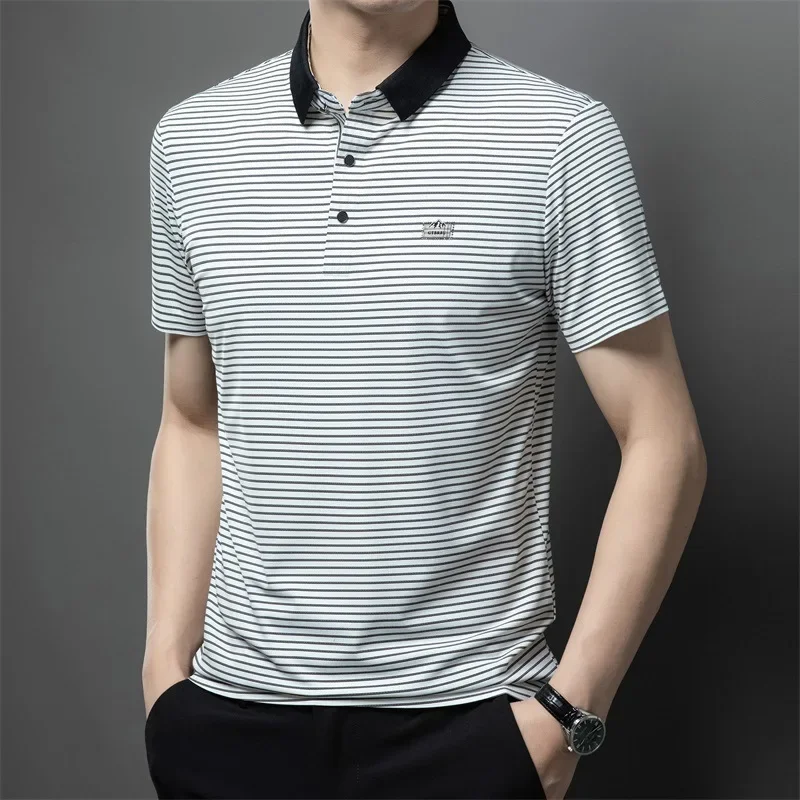 Men's POLO Shirt Summer Short Sleeve Horizontal Striped Lapel Half-sleeve Top Casual Fashion Comfortable T-shirts