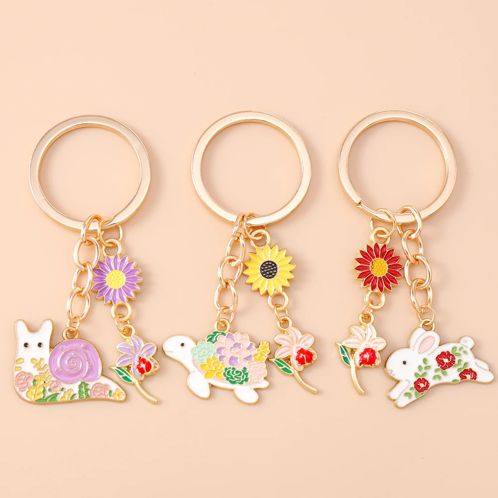

Cute Enamel Cartoon Animal Rabbit Cat Keychain Women Girls Flower Key Ring Pendants Handbag Decor DIY Handmade Jewelry Gifts