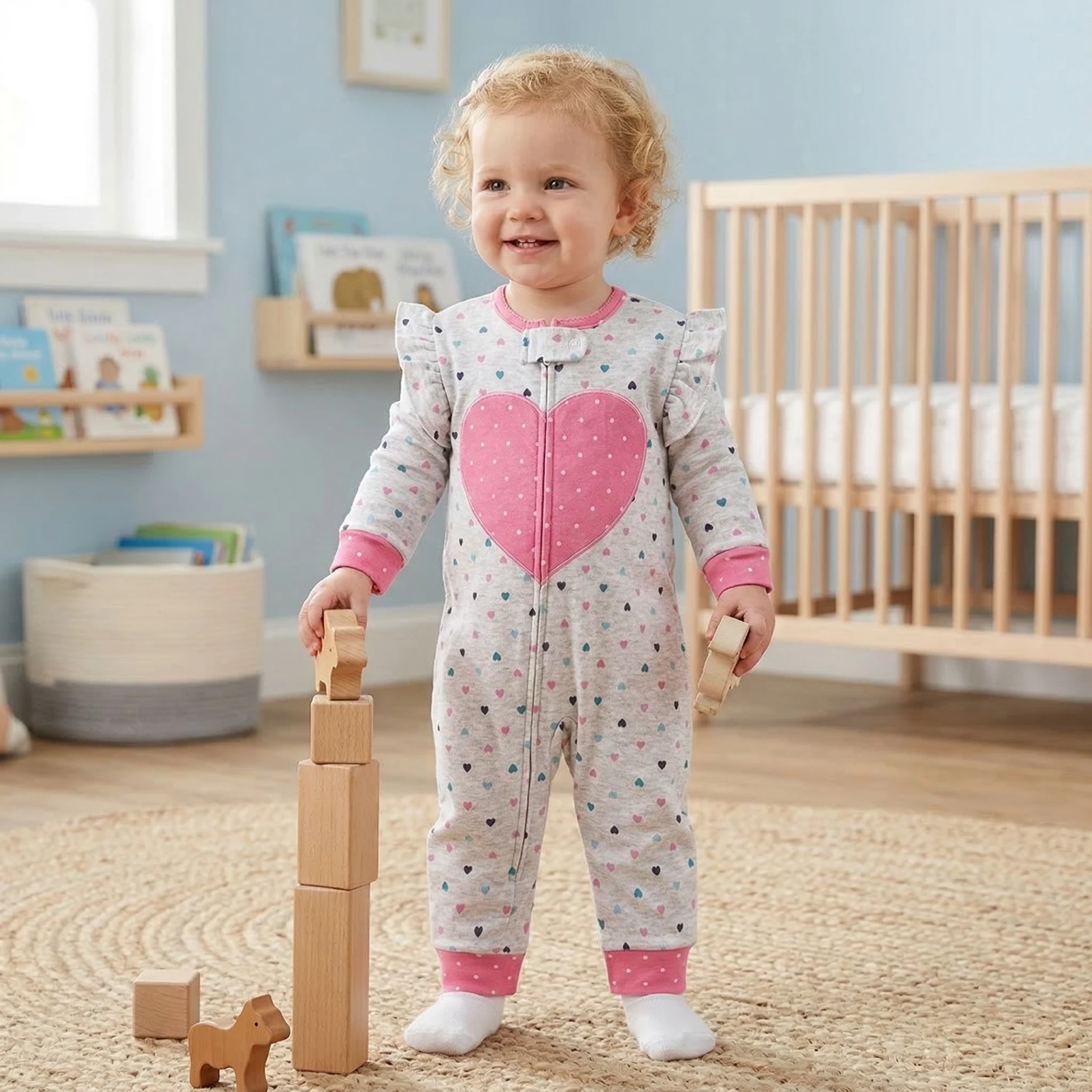 Infant Girls Double‑Sided Cotton Zip Romper Heart Letter Embroidery All‑Over Print Ruffle Sleeve All‑Season Baby Jumpsuit 6‑24M