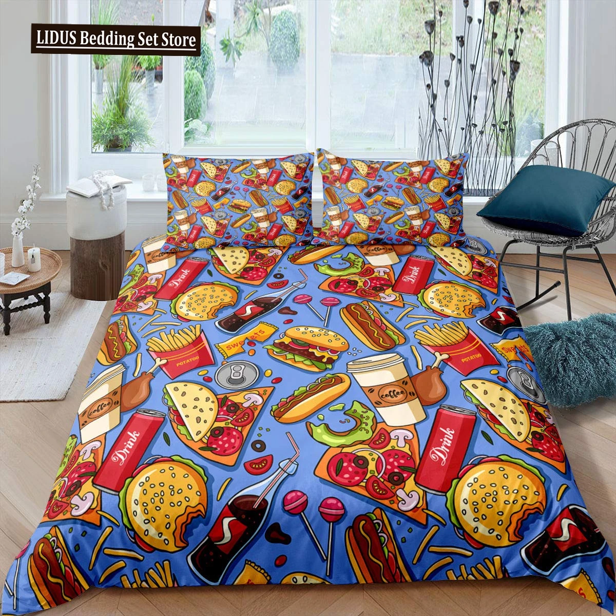 

American Fast Food Duvet Cover Set Full Size Pizza Hotdog Comforter Cover Hamburger Print Bedding Set French Fries Quilt Cover