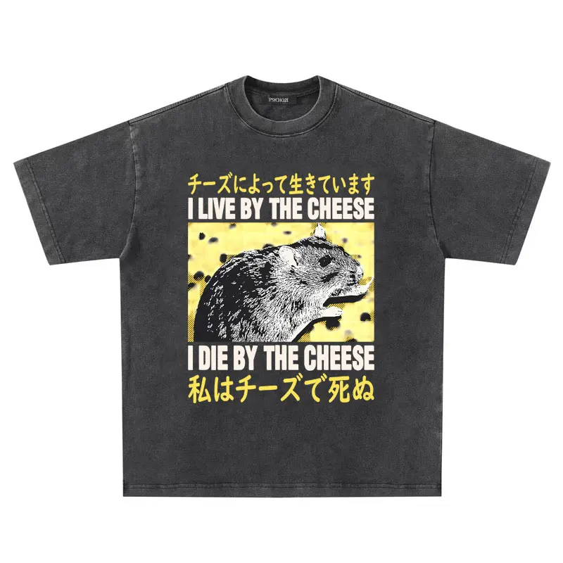 

Washed Vintage Funny Meme Japanese Style Rat Print Tshirt I Live By The Cheese I Die By The Cheese T-shirt Men's Oversized Tees