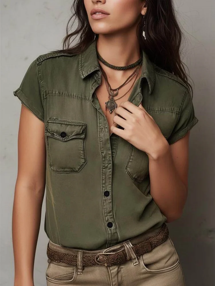 Short Sleeve Top Lapel Collar Single Breasted Double Chest Pocket Epaulet Slim Blouse Outfit For Women Vintage Safari Street Stylish Wear view 3