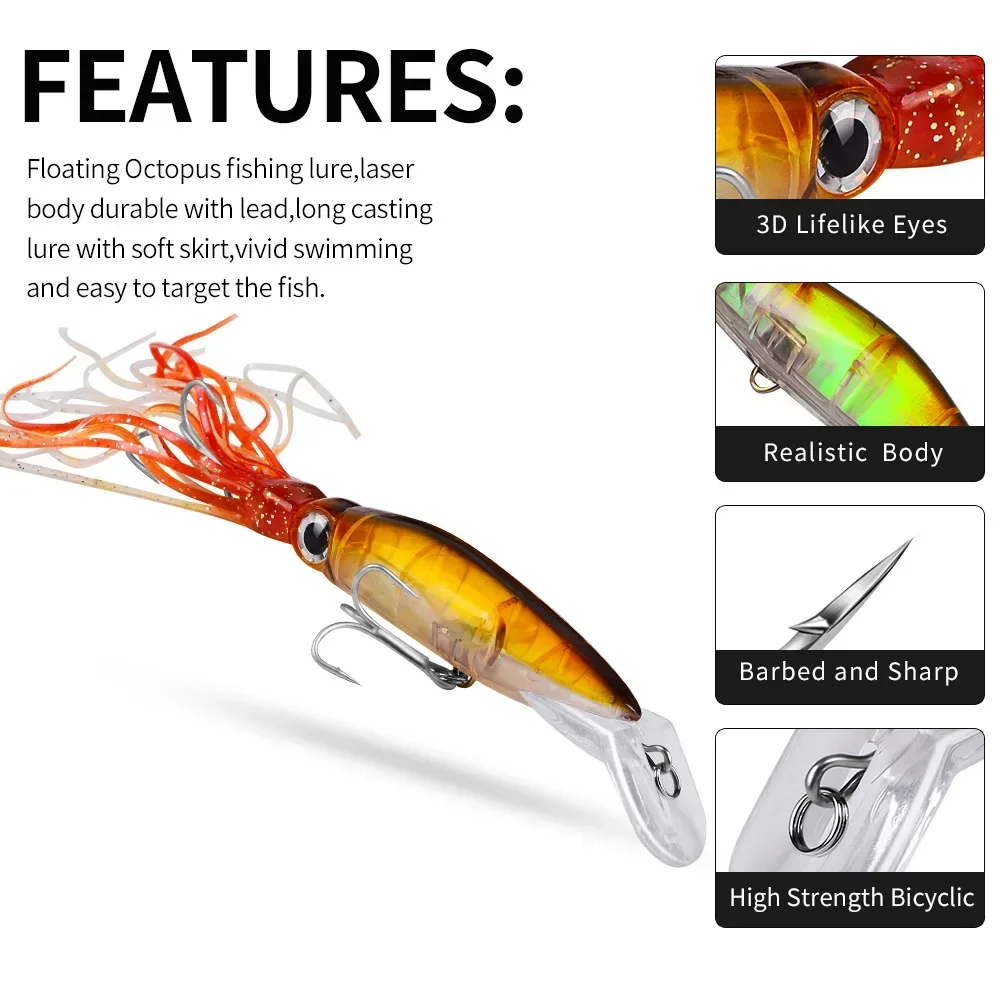 KNCONAN 40g 230mm Pływająca ośmiornica Wędkarstwo morskie Long Shot Big Octopus Squid Lure Bait Fake Bait With Beard Plastic Squid Bait