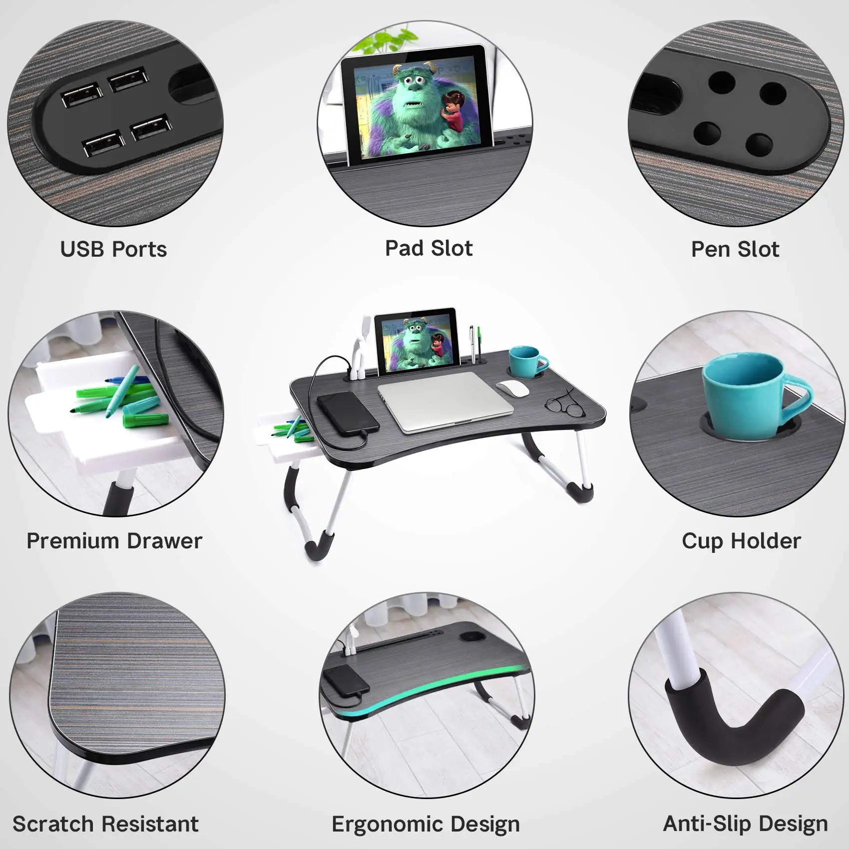 Portable Laptop Desk with USB Light, Small Fan, Cup Holder, Tablet Slot, and Lifting Handle - Foldable Laptop Table for Working