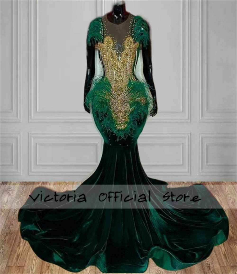 Excellent Dark Green Mermaid Prom Dresses Gold Beaded Rhinestones Tassels Feathers African Evening Party Dress Luxury 2024 Black